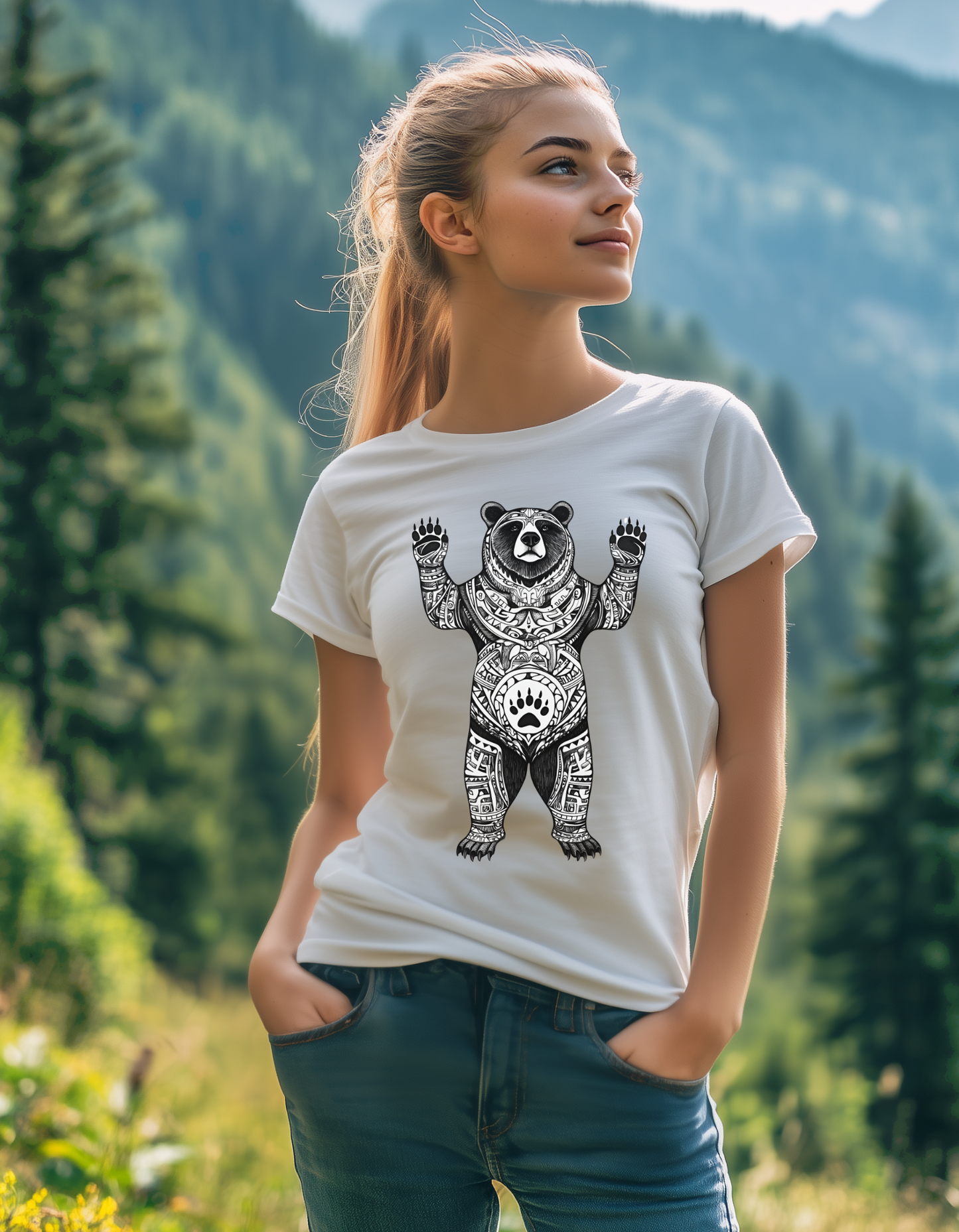 Tribal Bear T-Shirt - Native-Inspired Bear Design - Men's Graphic Tee - Women's Wildlife Shirt - Rustic Outdoor Shirt - Boho Bear Gift