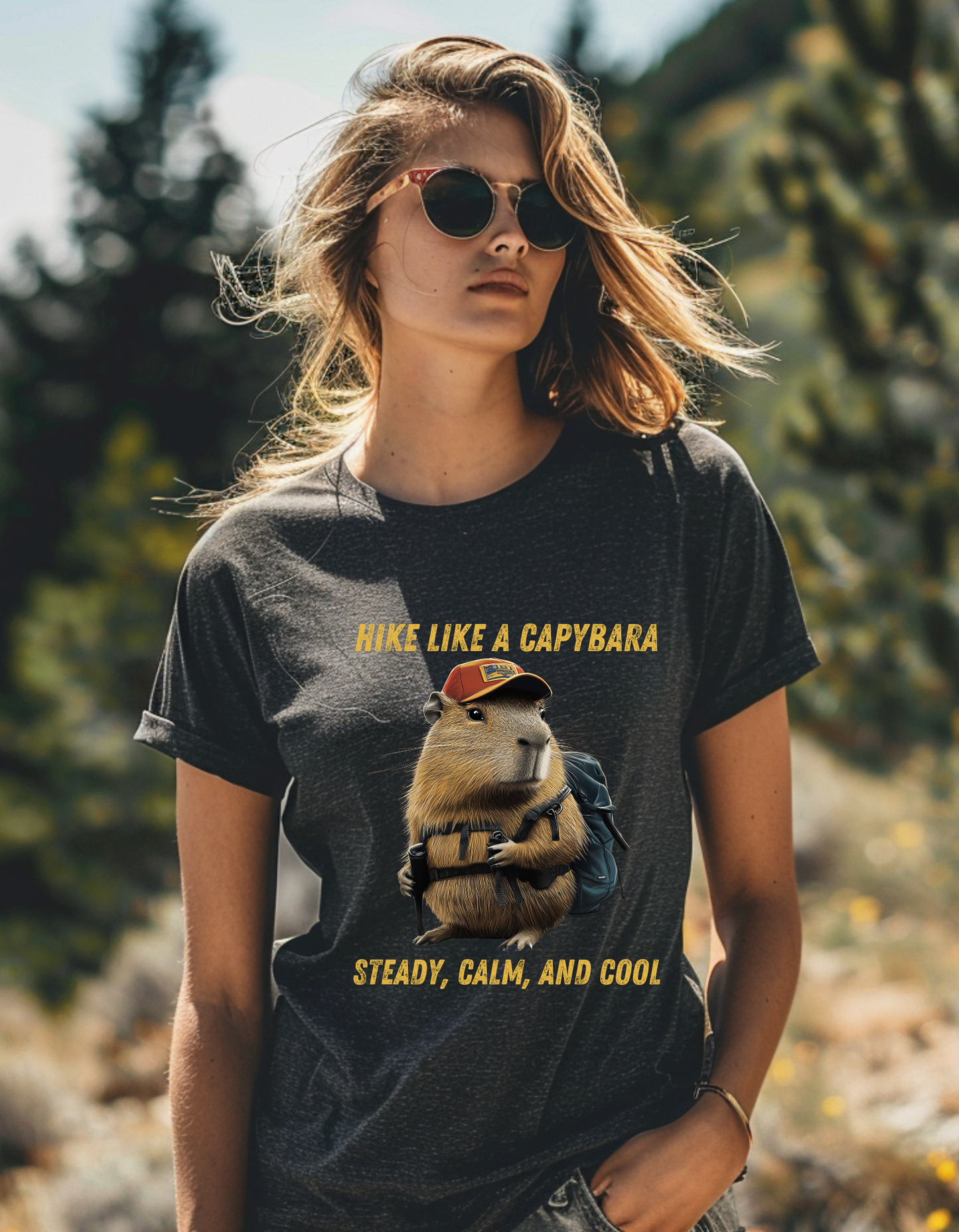 No Bad Trails - Hike like a Capybara - Steady Calm and Cool - Funny Gift, Hiking Vintage T-Shirt, Retro 90s Forest Adventure Mountains Shirt