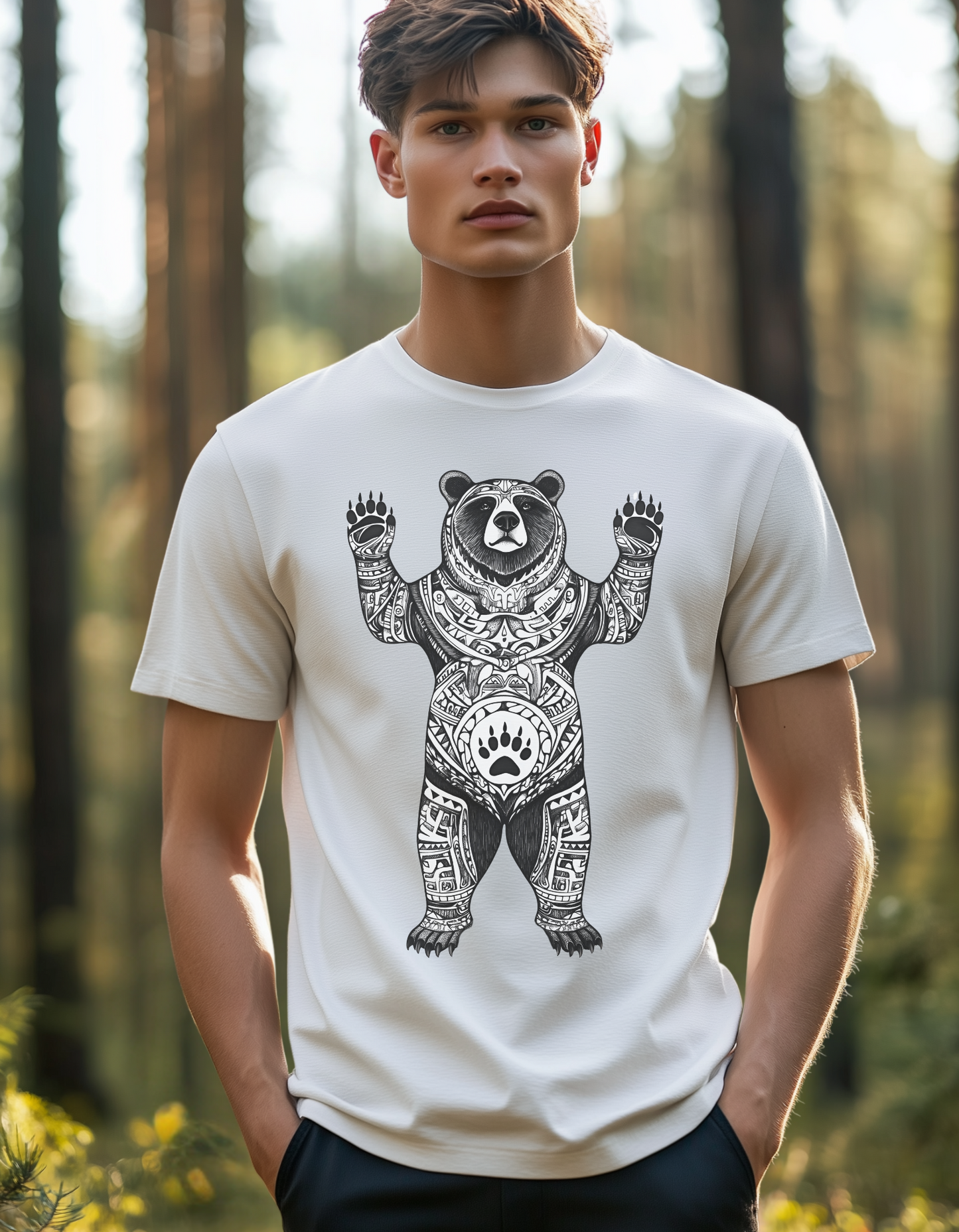 Tribal Bear T-Shirt - Native-Inspired Bear Design - Men's Graphic Tee - Women's Wildlife Shirt - Rustic Outdoor Shirt - Boho Bear Gift