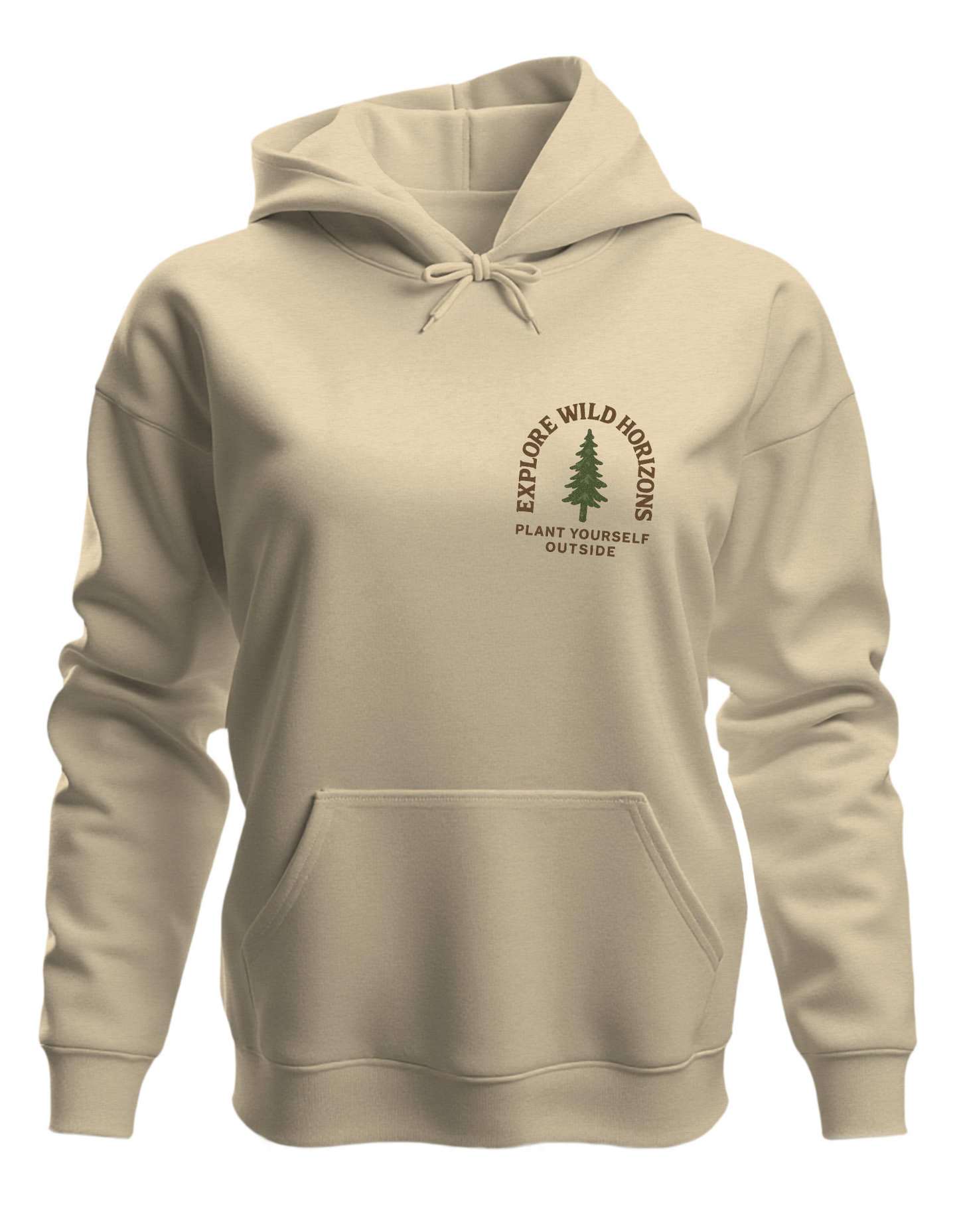 Explore Wild Horizons Hoodie – Plant Yourself Outside – Tree Graphic Hoodie – Sand Colour Hiking Sweater – Nature Lover Gift – Outdoorsy Hoodie