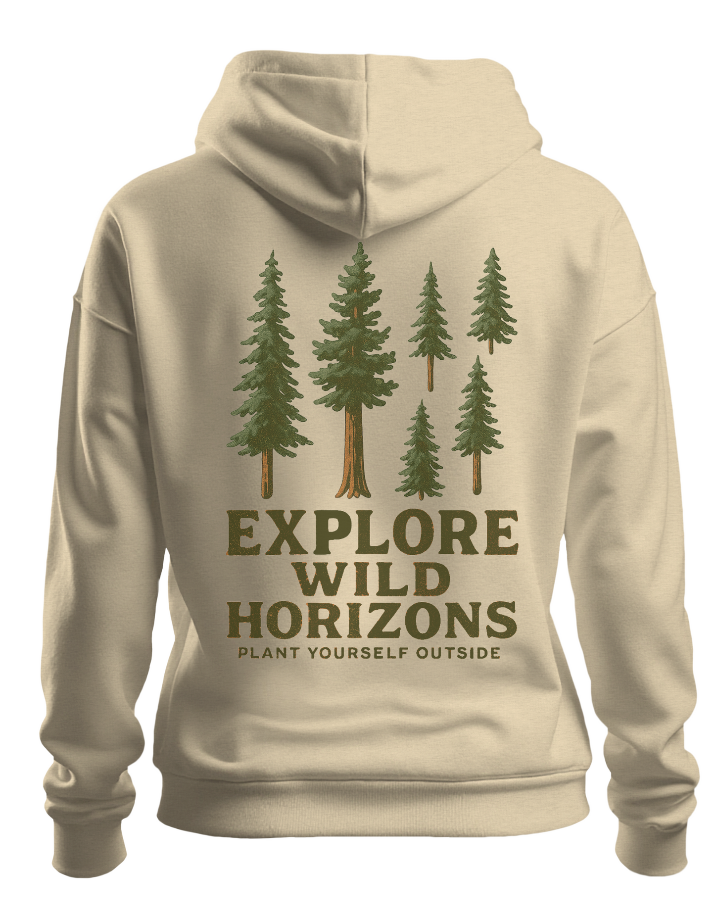 Explore Wild Horizons Hoodie – Plant Yourself Outside – Tree Graphic Hoodie – Sand Colour Hiking Sweater – Nature Lover Gift – Outdoorsy Hoodie