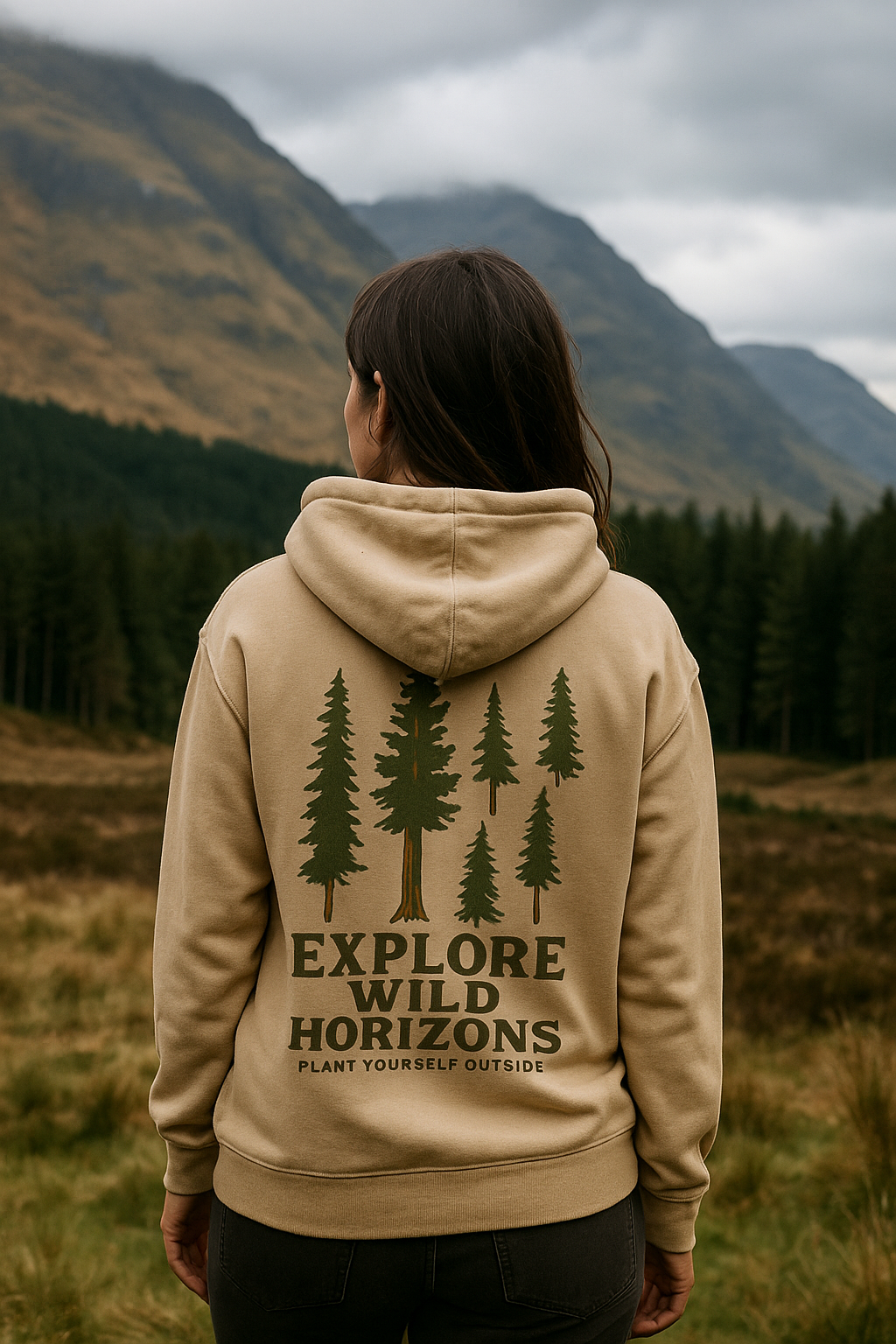 Explore Wild Horizons Hoodie – Plant Yourself Outside – Tree Graphic Hoodie – Sand Colour Hiking Sweater – Nature Lover Gift – Outdoorsy Hoodie