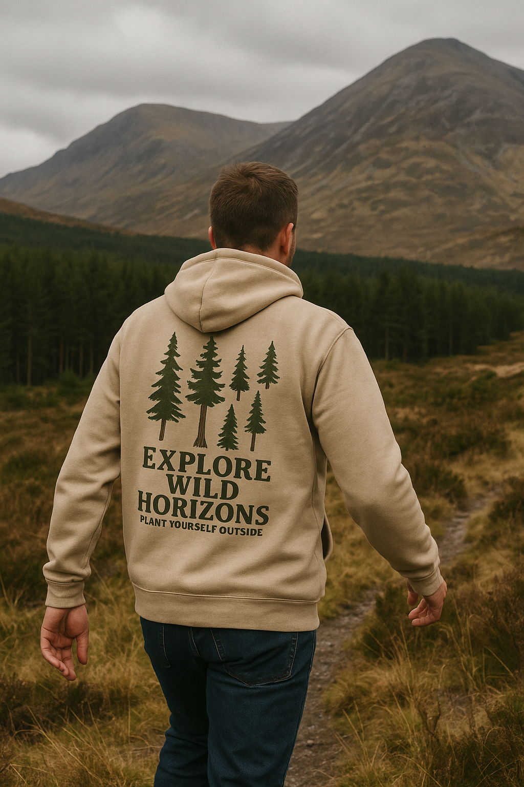 Explore Wild Horizons Hoodie – Plant Yourself Outside – Tree Graphic Hoodie – Sand Colour Hiking Sweater – Nature Lover Gift – Outdoorsy Hoodie