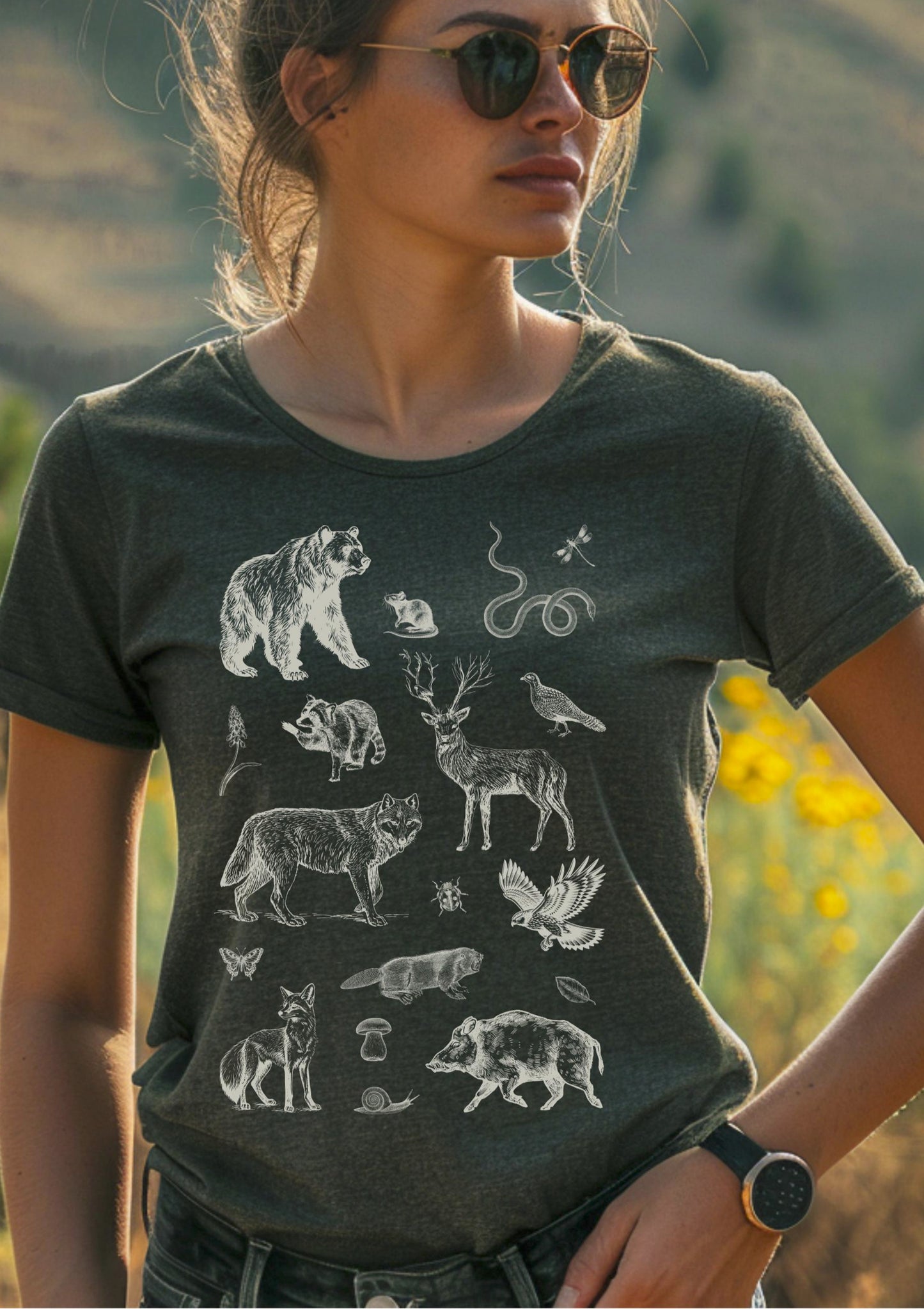 Vintage 90s Tattoo Forest Animal Tshirt, Retro Woodland Nature Shirt, Woodland, Eagle, Deer, Snake, Bear Shirt, Unisex Relaxed Adult Tee