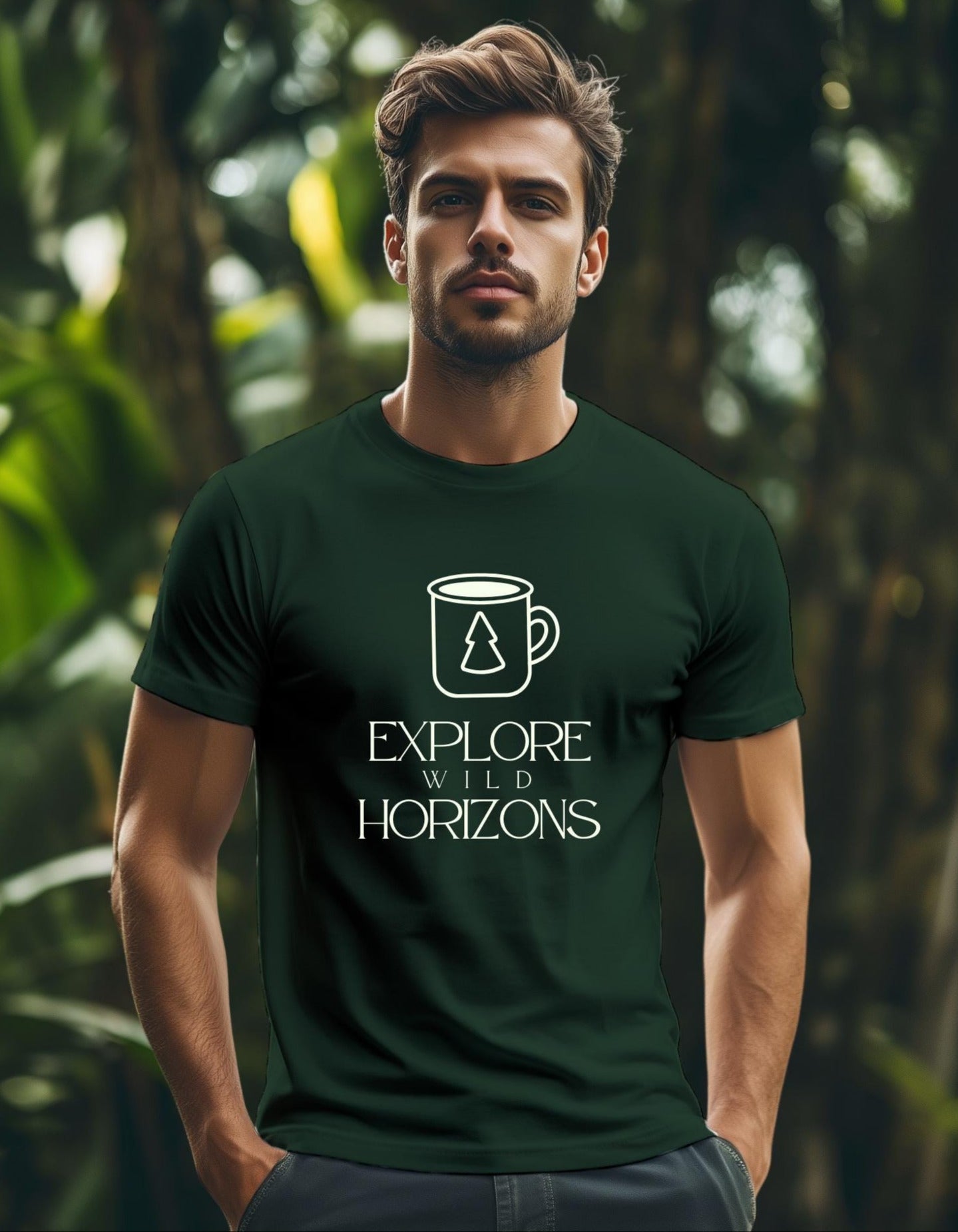Explore Wild Horizons Coffee T-Shirt - Forest Coffee Lover Tee - Adventure T-Shirt - Nature Graphic Shirt - Tree Mug Hiking Shirt