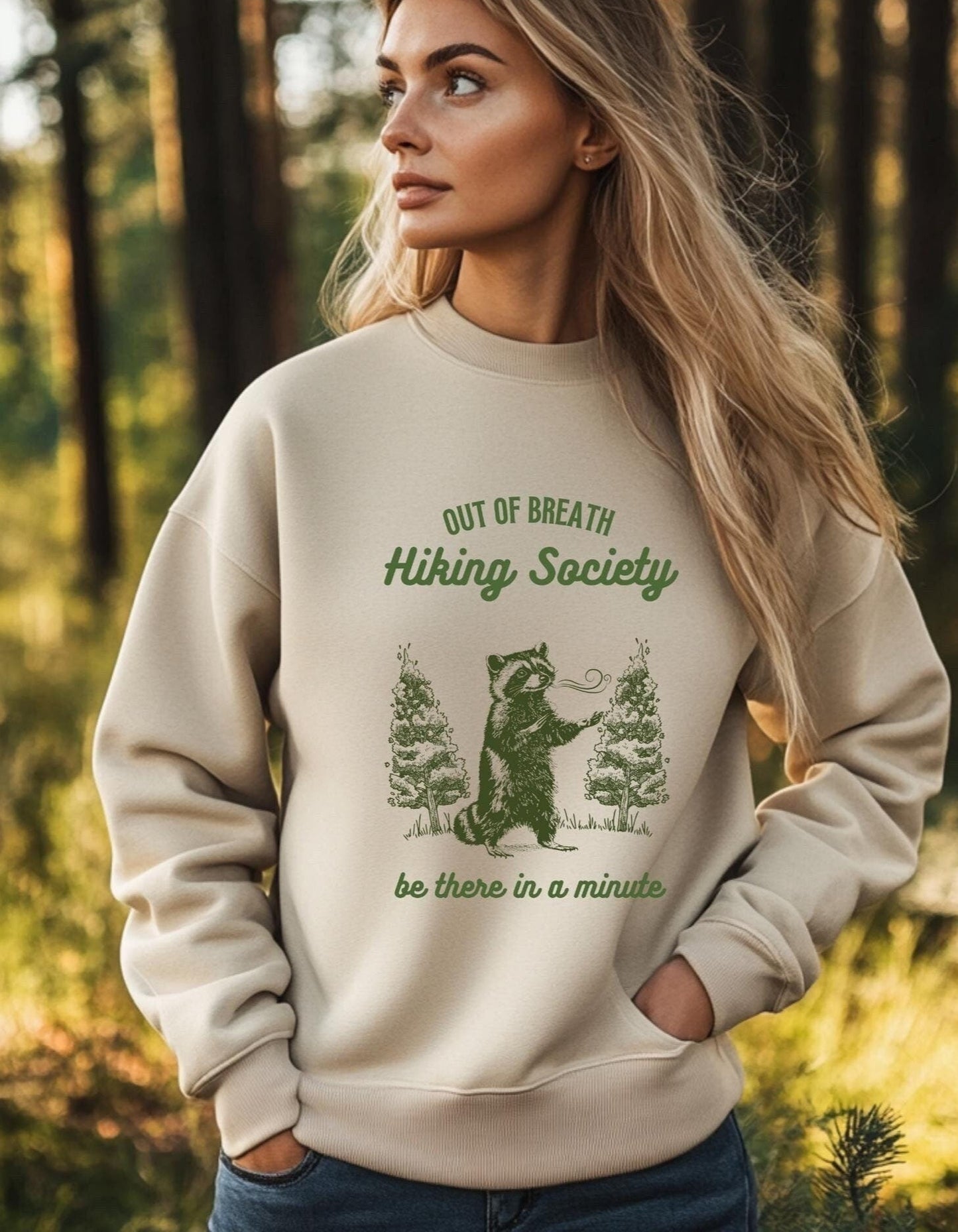 Out Of Breath Hiking Society Raccoon Retro Sweatshirt, Funny Hiking Shirt, Forest Camper Shirt, Animal Sayings Sweatshirt, Trash Panda