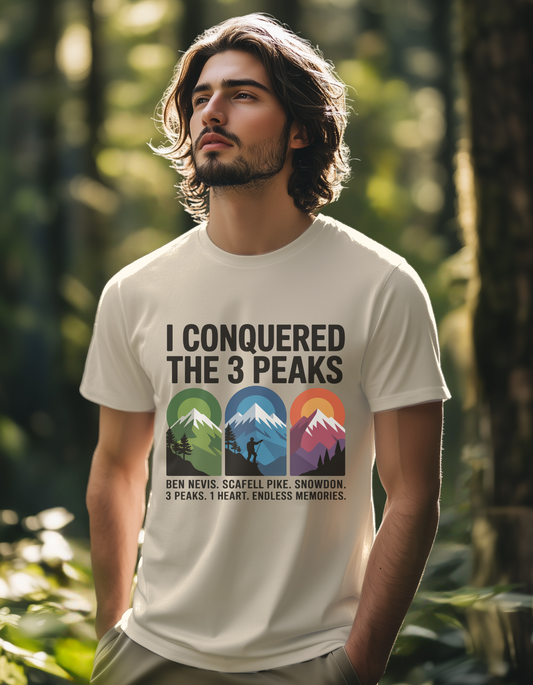 I Conquered The Three Peaks - T-Shirt - Ben Nevis. Scafell Pike. Snowdon - Unisex Adventure Tee - Perfect Gift for Hikers - Nature