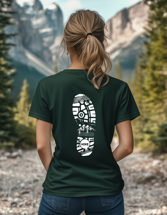Explore Wild Horizons T-Shirt - Eco-Friendly Hiking Boot Footprint Design - Organic Cotton Tee for Adventures