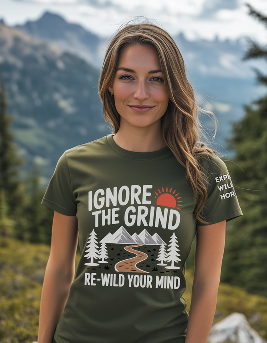 Ignore the Grind Rewild Your Mind Shirt - Hiking Nature T-Shirt - Outdoorsy Unisex Tee - Escape 9 to 5 Shirt - Rewilding Hiker Gift