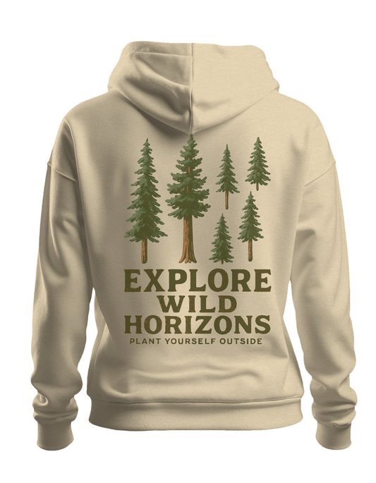 Explore Wild Horizons Hoodie – Plant Yourself Outside – Tree Graphic Hoodie – Sand Colour Hiking Sweater – Nature Lover Gift – Outdoorsy Hoodie