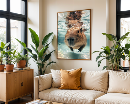 Capybara Swimming Poster - Underwater Capybara Wall Art - Animal Print - Nature Wildlife Decor - Capybara Artwork - Gift for Capybara Lovers