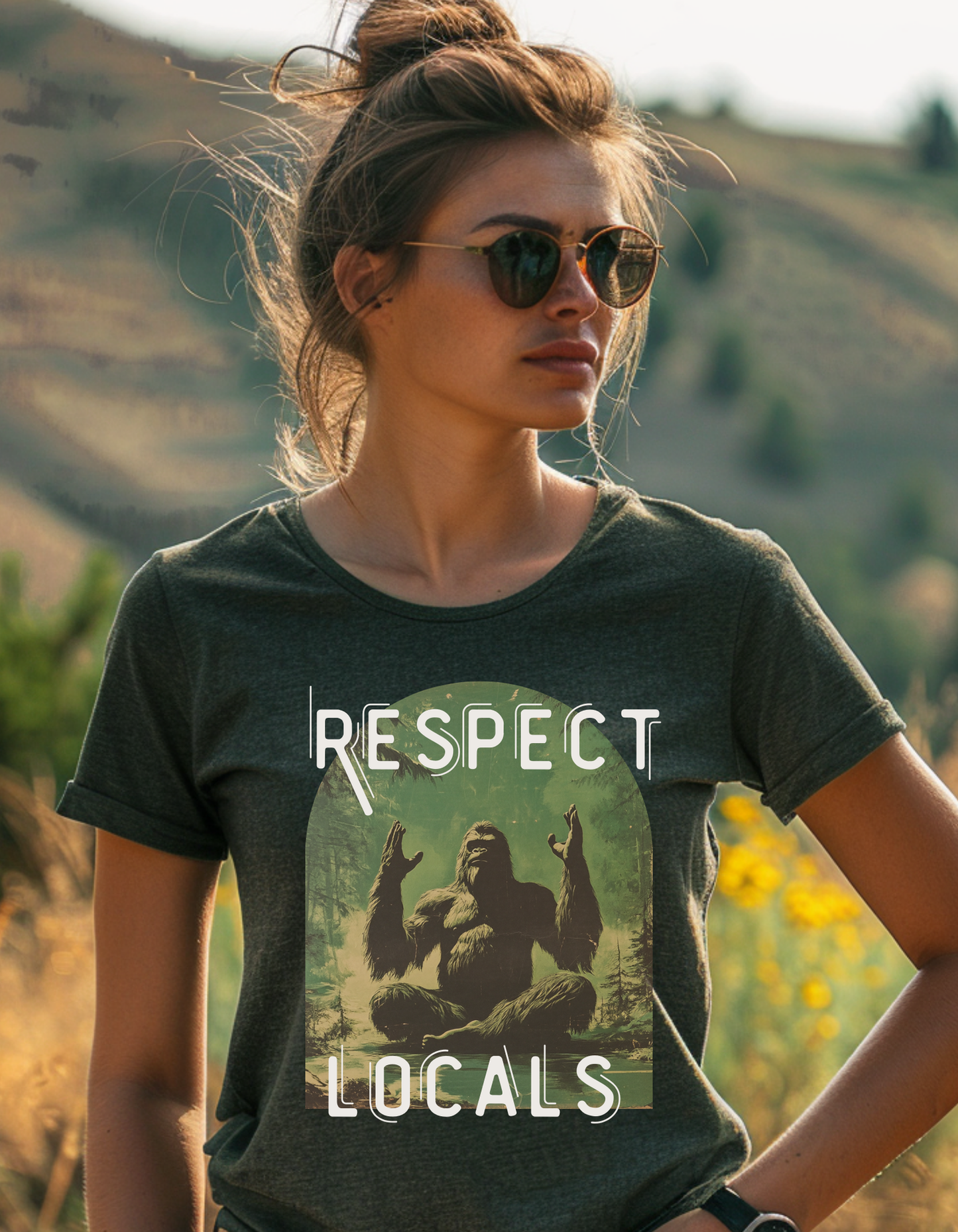 Respect The Locals Big Foot Sasquatch Yeti Yoga In The Forest Vintage T-Shirt, Retro 90s Yoga T Shirt, Unisex Funny Yeti Graphic Shirt
