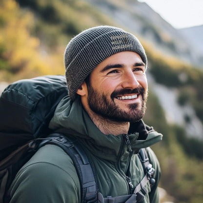 Grey Organic Cotton Beanie | Hiking Gift | Explore Wild Horizons | Walking | Cuffed Beanie | Embroidered | Comfortable Beanie Graphite Grey