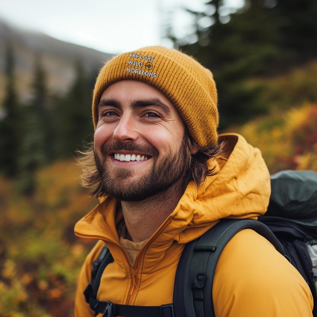 Mustard Organic Cotton Beanie | Hiking Gift | Explore Wild Horizons | Walking | Cuffed Beanie | Embroidered | Comfortable Beanie