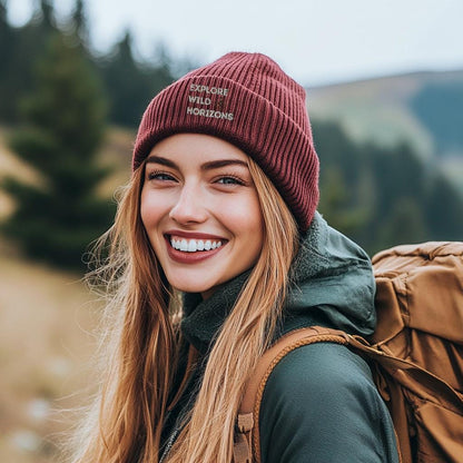 Burgundy Organic Cotton Beanie | Hiking Gift | Explore Wild Horizons | Walking | Cuffed Beanie | Embroidered | Comfortable Beanie | Eco