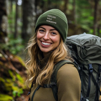 Olive Green Organic Cotton Beanie | Hiking Gift | Explore Wild Horizons | Walking | Cuffed Beanie | Embroidered | Comfortable Beanie | Eco