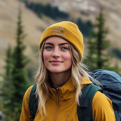 Mustard Organic Cotton Beanie | Hiking Gift | Explore Wild Horizons | Walking | Cuffed Beanie | Embroidered | Comfortable Beanie