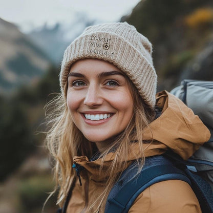 Sand Organic Cotton Beanie | Hiking Gift | Explore Wild Horizons | Walking | Cuffed Beanie | Embroidered | Comfortable Beanie | Gift For