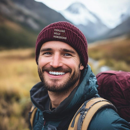 Burgundy Organic Cotton Beanie | Hiking Gift | Explore Wild Horizons | Walking | Cuffed Beanie | Embroidered | Comfortable Beanie | Eco