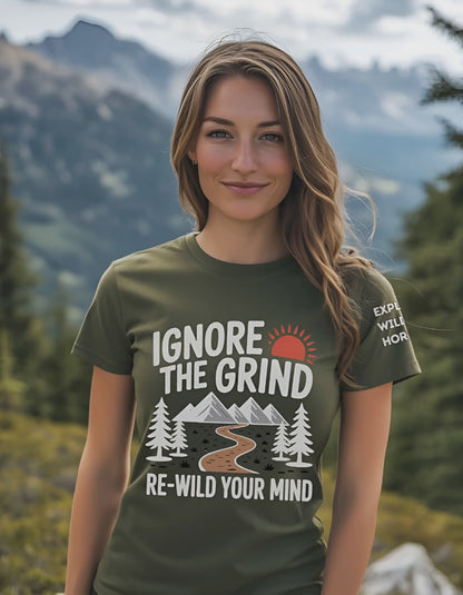 Ignore the Grind Rewild Your Mind Shirt - Hiking Nature T-Shirt - Outdoorsy Unisex Tee - Escape 9 to 5 Shirt - Rewilding Hiker Gift