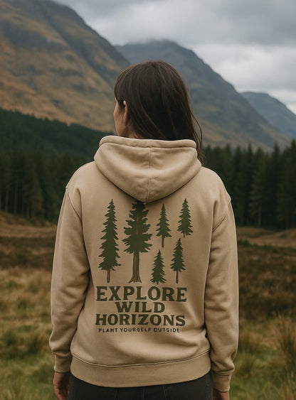 Explore Wild Horizons Hoodie – Plant Yourself Outside – Tree Graphic Hoodie – Sand Colour Hiking Sweater – Nature Lover Gift – Outdoorsy Hoodie